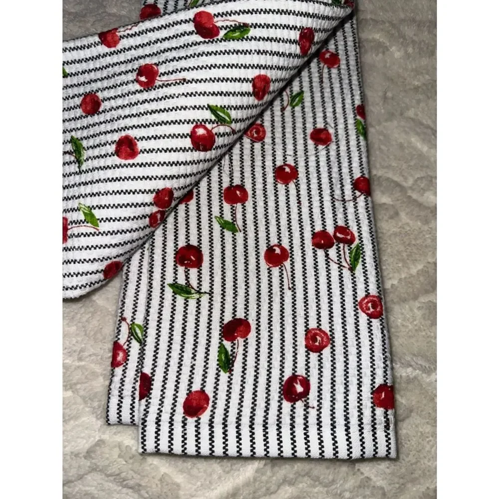 KitchenAid White Red Black Green Cherry Print Terrycloth Cotton Kitchen Towels